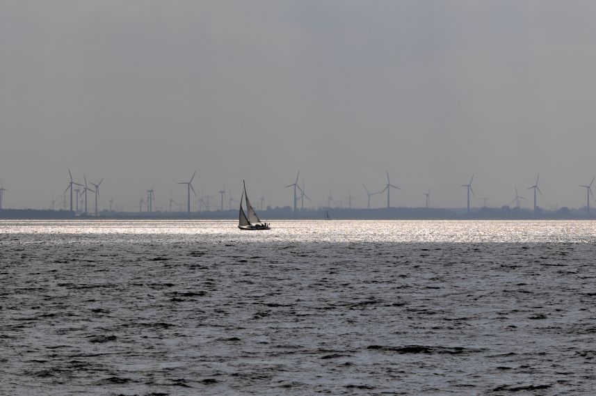 Zeilen op het IJsselmeer bij Urk met op de achtergrond een woud aan windturbines