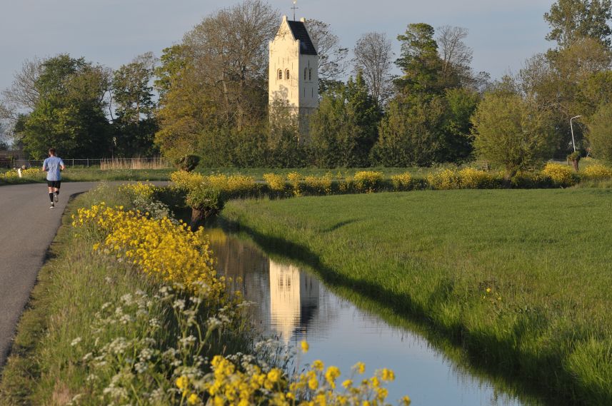 Toren Eagum met bermbloemen en hardloper